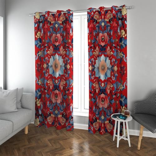 UIRINGART Cortinas Opacas Rojas Flores Vintage Cortinas con Aislamiento térmico Boho Floral Cortinas de Ventana insonorizadas para Dormitorio Cocina casa de Campo 2 Paneles H210xB132