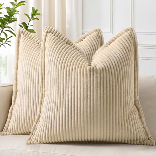 decorUhome Corduroy Beige Throw Pillow Covers 16x16 Set of 2 Decorative Soft Boho Striped Neutral Euro Farmhouse Couch Pillow Cases with Broadside for Living Room Bed Sofa