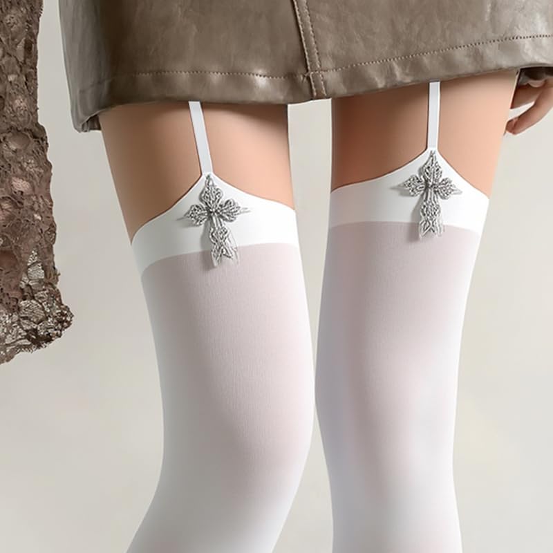2 Pack Gothic Cross Y2K Suspender Tights For Women Vintage Patterned Thin Lolita Stockings Black Over the Knee Tights3