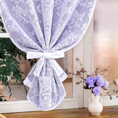 Image of Yinhua Purple Kitchen Curtains 36 Inch Length Double Layer Blackout Curtains with Floral Sheer Overlay Rod Pocket Short Curtain for Windows, Small Window Curtain for Bathroom, Living Room, 2 Panels