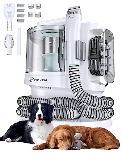 Kidken Pet Grooming Kit Vacuum, Low Noise Electric Clippers 3.3L Large dust Box Tools, Dog & Vacuum with 3 Level Powerful Suctionor for Dogs Cats Animals Green
