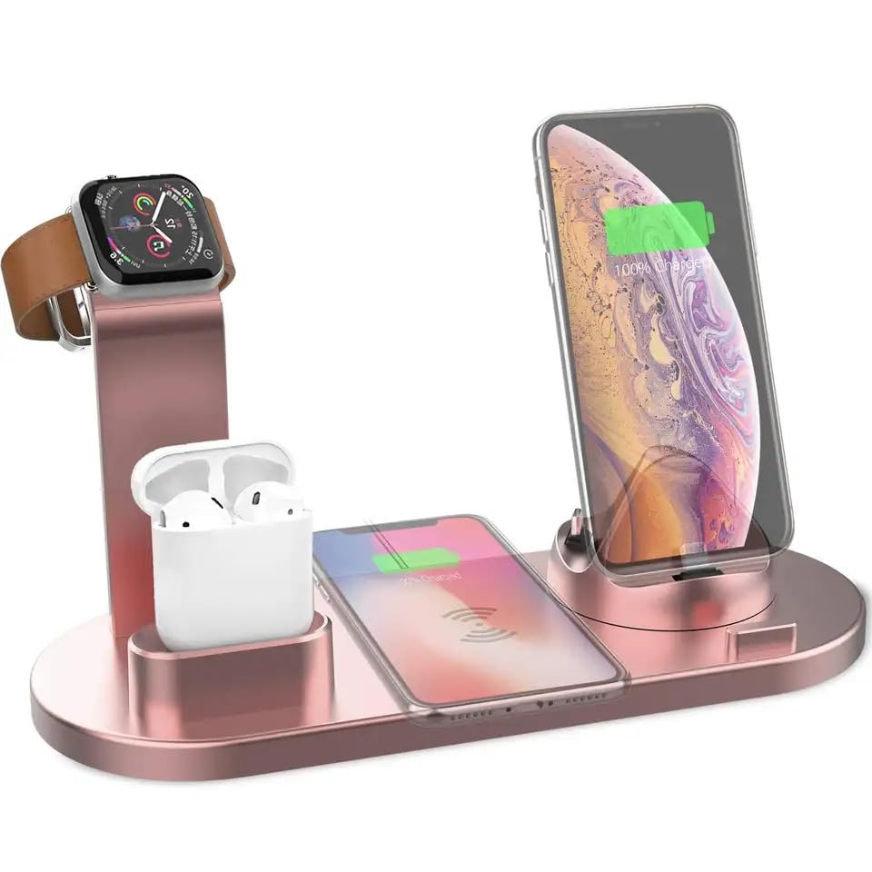 Wireless Charger Dock – Charging Station with USB Data Cable – Fast Wireless Charger - 3 in 1 Rotatable Charger Dock – For iPhone, Micro USB Phone, Type C Phone, iWatch Series, Air Pods (Pink)