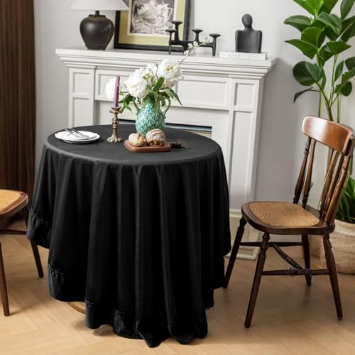 Chorowl Black 70 Inch Round Thick Soft Velvet Tablecloth Decorative Ruffle