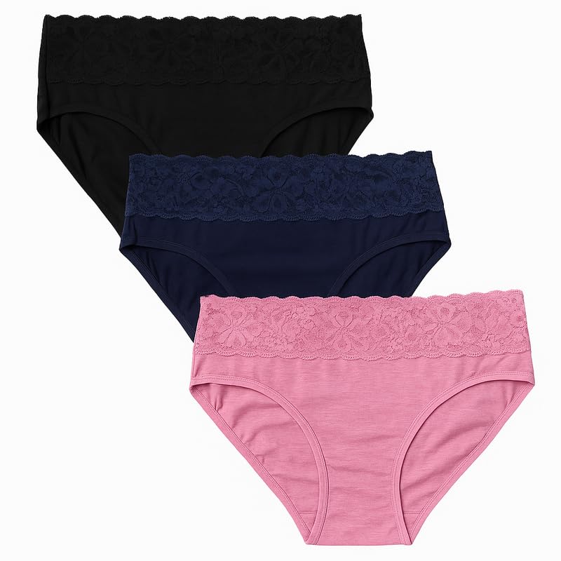 Women's High-Waist Cotton Panties with Floral Lace Trim – Size 2XL Pack of 3 (Black,Blue,Pink) – Soft, Breathable Underwear-picture-43