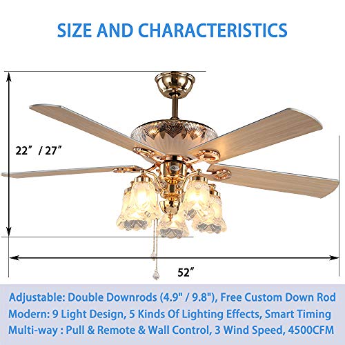 Anfersonlight Modern Ceiling Fan With 5 Reversible Blades 5 Frosted Light Kit And Remote Control, Quiet Fan, Ecological Chandelier Fan, Golden Finish, 52-Inch (Classic) #TOP3