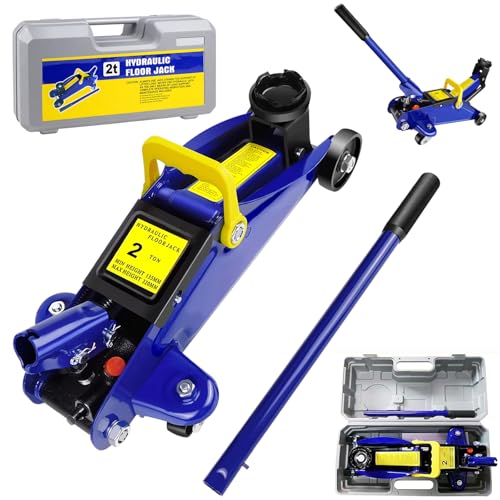 Heavy Duty Trolley Floor Jack 2 Ton, Low Profile Hydraulic Trolley Jack with Long Piece Handle, Wheels, Lifting Range 135mm to 320mm for Car Van Garage Tyre Repair - Efficient Home Garage Auto Repair