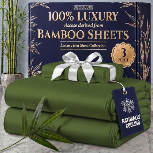 Image of DECOLURE 100% Viscose Derived from Bamboo Sheets Twin Size - Luxury 3 Pc Naturally Cooling Sheets, Ultra Soft Bed Set - Deep 17 inch Pockets, Durable Double Stitching, Oeko Tex Standard (Olive)