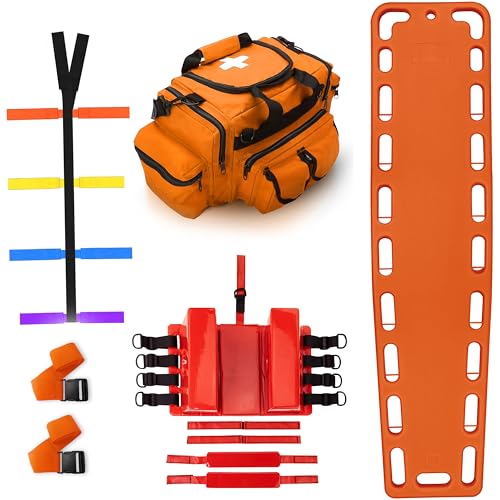 EMS XTRM Rescue Kit Comprehensive Emergency Support with Spine Board, Head Immobilizer, Trauma Bag & 10-Point Strap - Durable, Lightweight for First Responders, Orange