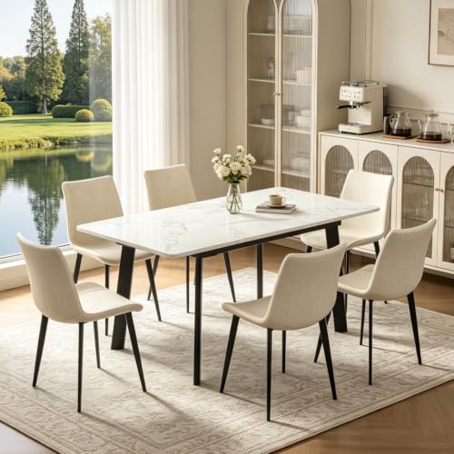 Image of Modern 47.2 inch-63 inch Extendable Rectangular Dining Table, White | Removable Extension Leaf, Durable MDF Tabletop, Accommodates 4-8 Guests, Great for Dining Room Small Kitchen & Dinner Spaces