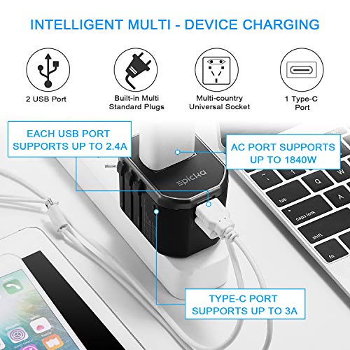 Travel Power Adapter - EPICKA All in One Worldwide International Universal Wall Charger AC Plug Adaptor with 3.4A Dual USB Charging and 3.0A USB Type-C For USA EU UK AUS (2 USB + TYPE C - Grey)
