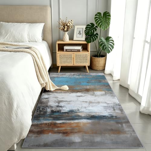 Tapis lavable en machine 80x200 bleu à poils courts doux et moderne