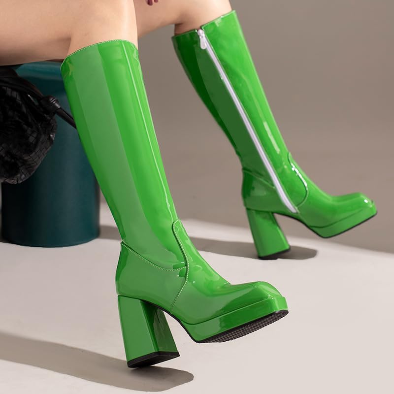 Knee High Boots for Women, Square Toe Chunky Block Heeled Platform Tall Plus Size with Side Zipper Footwear Walking Shoes Girl Long Cowboy Cute Kawaii Goth Emo Grunge Western Cowgirls Rave Parties2