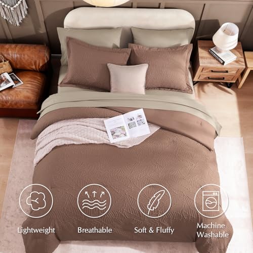 Image of King Size Comforter Set- 7 Pieces Brown Bed in a Bag King Bedding Sets | All Season Soft Botanical Textured Comforter Bed set with Sheets, Pillowcases & Shams