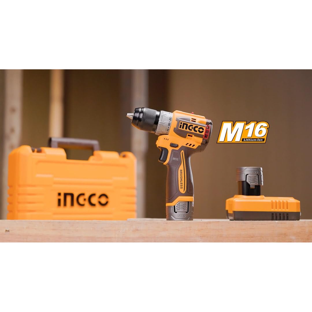 Ingco Cdli16682 Trapano Avvitatore a Batteria 16 V 60 Nm Brushless con 2 Batterie in Valigetta