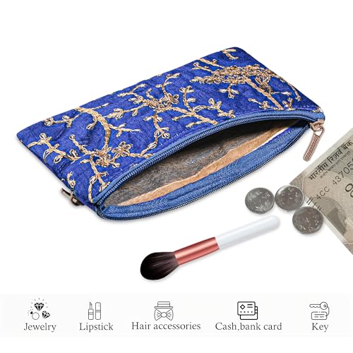 Image of Kuber Industries 2 Pcs Polyester Hand Purse for Woman & Girls with Zip | Lightweight & Compact Ladies Purse /Wallet for Party, Wedding & Events | Embroidery Design - Blue