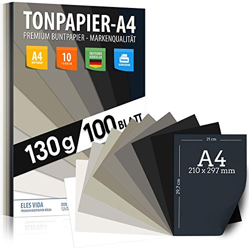 ELES VIDA Tonzeichenpapier DIN A4-100 Blatt - Farben – Festes Papier - Farbige Pastel Blätter für Schule, Hobby - Kinder & DIY Bögen (Grautöne, A4)