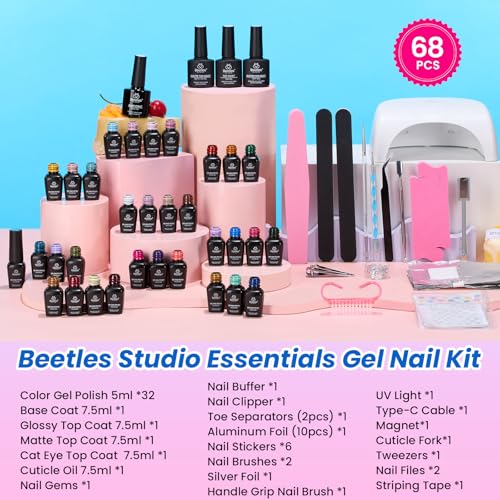 Image of Beetles Deal Box Gel Nail Polish Kit with U V Light - 32 Colors Studio Essentials Gel Polish 68 Pcs Nail Kit with TPO & HEMA Free Base Coat Cat Eye Top Coat Home Salon DIY Nails Tools Gifts for Women