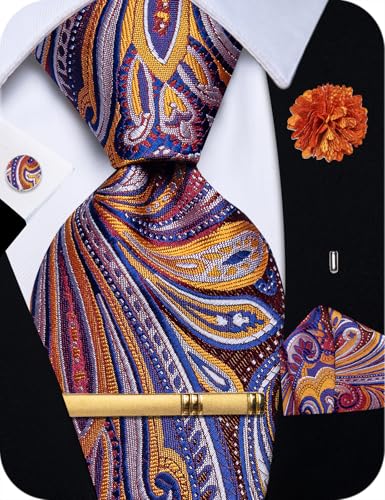 Image of YourTies Silk Paisley Floral Tie and Pocket Square Cufflinks with Lapel Pin Sets for Men 5PC Wedding Party