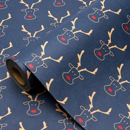 15 m blaues Geschenkpapier, 43 cm, recycelbares Kraftpapier mit Elch-Print für Weihnachts- und Geburtstagsgeschenke