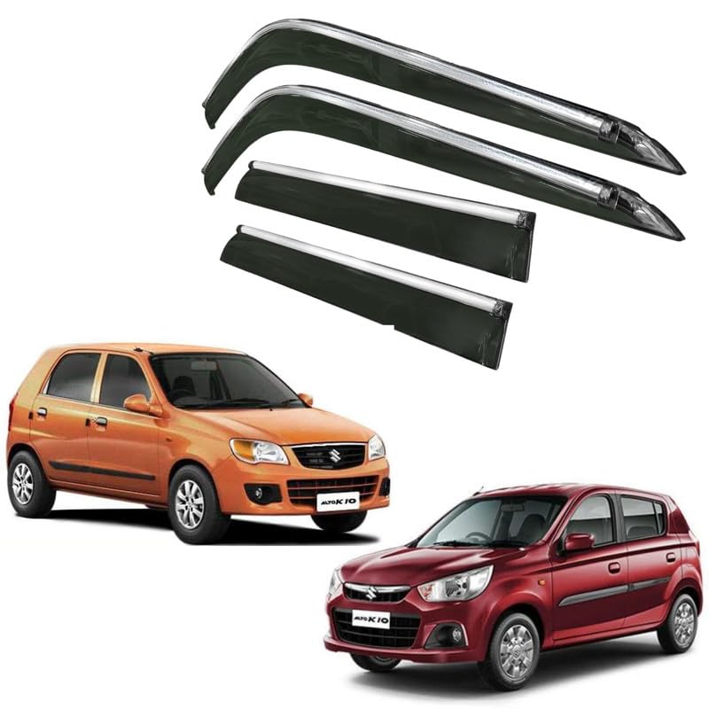 Image of CAR SAAZ Side Door Visors for Alto K10 (2010-2014) (Set of 4Pcs)|Chrome Lined Rain Guards, Polycarbonate, Smoke Finish
