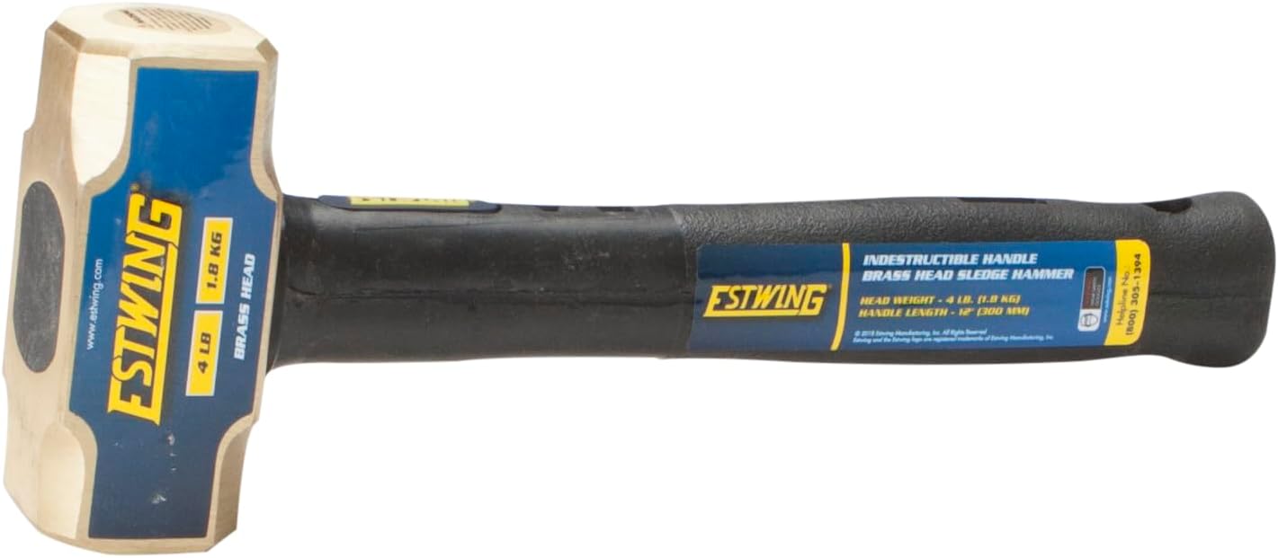 Estwing 4-Pound Brass Sledge Hammer for Metalworking/Automotive/Mining Use, Steel Locked Head, 12-Inch Indestructible Handle with Vulcanized Rubber Overlay, Reinforced Lanyard Hole (62261)