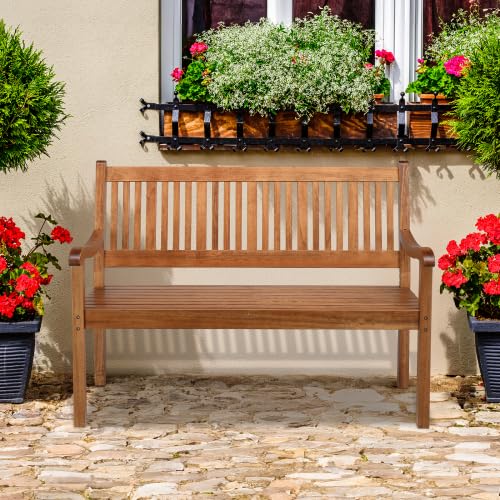 Bonnlo Banc de Jardin en Bois 127cm, Design à Rayures, Banc Extérieur 2-3 Places, Résistant aux Intempéries, Mobile pour Balcon Terrasse Veranda Pergola