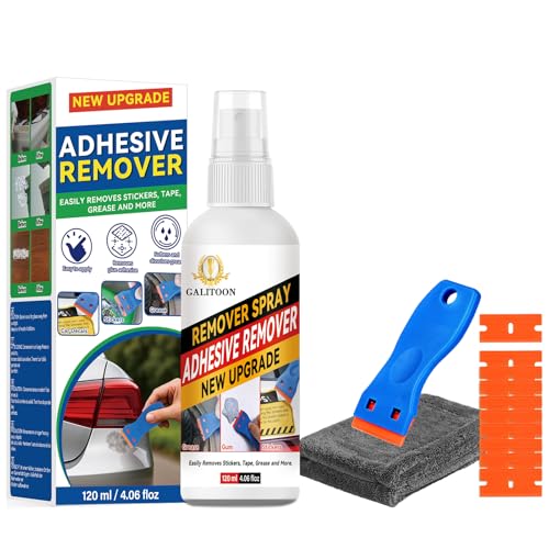 Adhesive Remover, Sticker Remover Spray with Plastic Scraper and Cleaning Cloth, Surface-Friendly Formula for Removing Sticker Residue, Tape Marks and Adhesive Build-Up from Cars, Glass and Floors