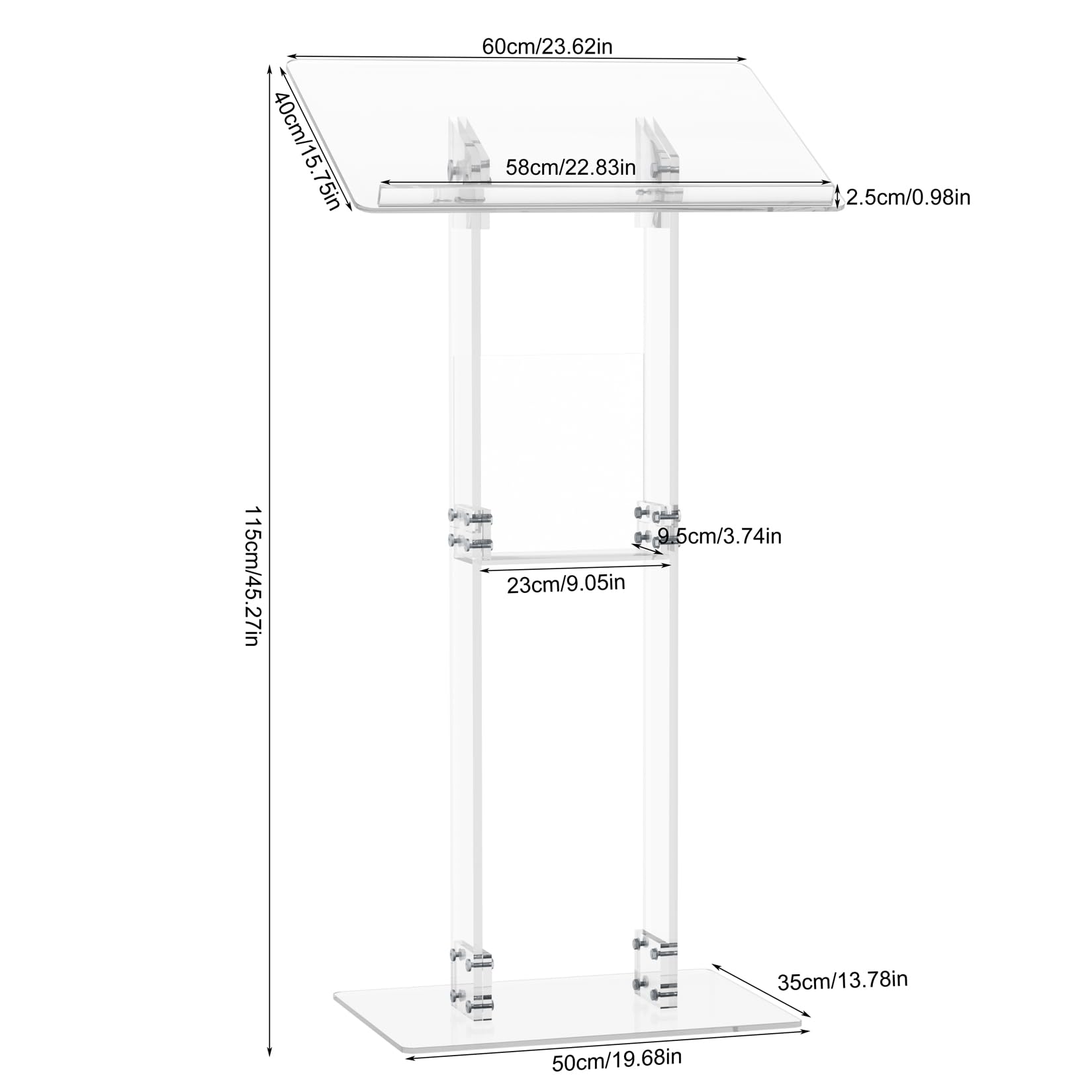 Trasportabile Podio in Acrilico con Mensa per Oratore e Scaffale di Stoccaggio 60x40x115cm Portata di carico Viene Fornito con Un Tappetino Protettivo in PVC Trasparente. 20 kg