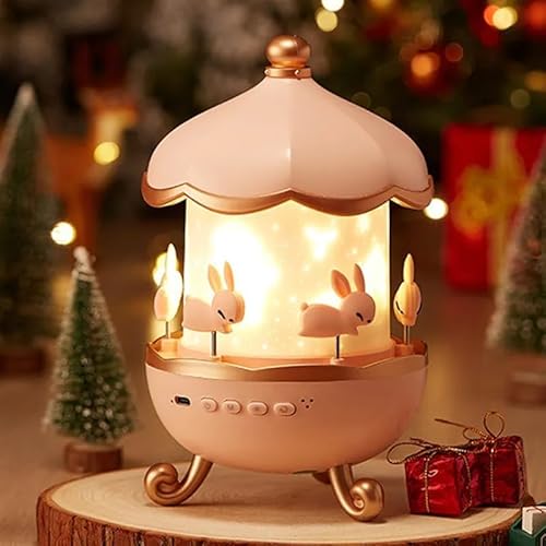 KCUBE Bunny Carousel Night Light Projector, 6 Set Films Rotating LED Lamp, Star Projection Light for A Magical Nursery Atmosphere, Rotatable Rabbit Night Lamp for Kids Room Decor