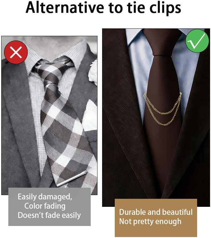 3 Pcs Tie Clips for Men, Tie Chain with Ring Clasps, Gold Silver Black Necktie Holder for Business Wedding