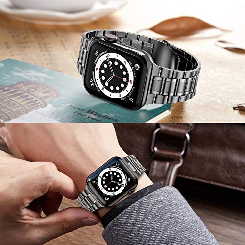 Image of MioHHR Solid Stainless Steel Bands Compatible with Apple Watch 38mm 40mm 41mm, Metal Strap with Soft TPU Case for iWatch Bands Series 9 8 7 6 5 4 3 2 1 SE SE2 SE3 Women and Men, Space Gray