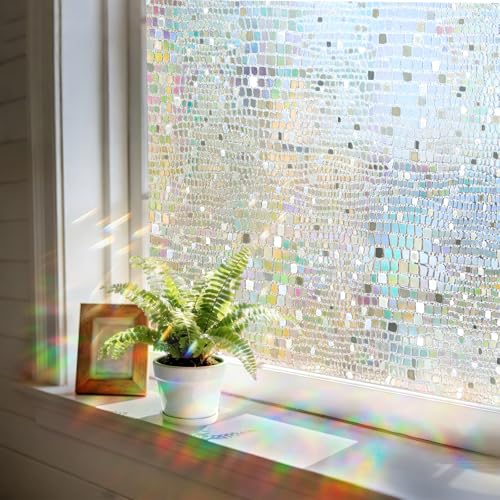 Image of Windimiley Rainbow Window Privacy Film, 3D Stained Glass Christmas Decorative Window Clings, UV Heat Blocking Holographic Prism Stickers for Home (23.6 x 394In,Pure)