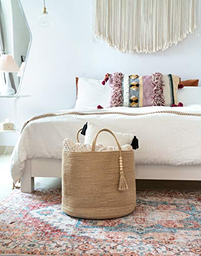 Mkono Woven Storage Basket Decorative Natural Rope Basket Wooden Bead Decoration for Blankets,Toys,Clothes,Shoes,Plant Organizer Bin with Handles Living Room Home Decor, Jute, 16" W × 13.8" L - Image 5