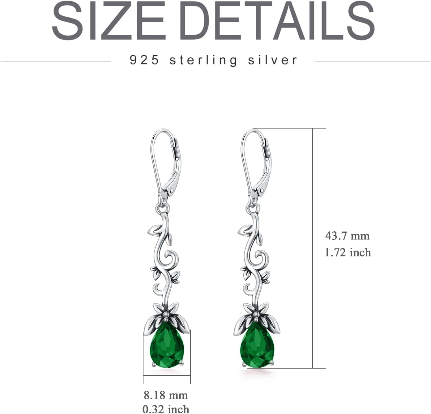 925 Sterling Silver Vintage Oxidized Branches Dangle Drop Leverback Earrings with 8 * 6mm Simulated Birthstone Crystal, Christmas Earrings Gifts for Women