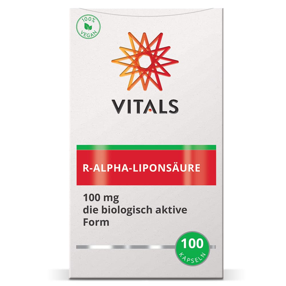 Vitals - R-Alpha-Liponsäure 100 Kapseln mit 100mg der biologisch aktiven Form. Mit Bio-enhanced Natrium-R-Lipoat von GeroNova. Stabil und mit hoher Bioverfügbarkeit.