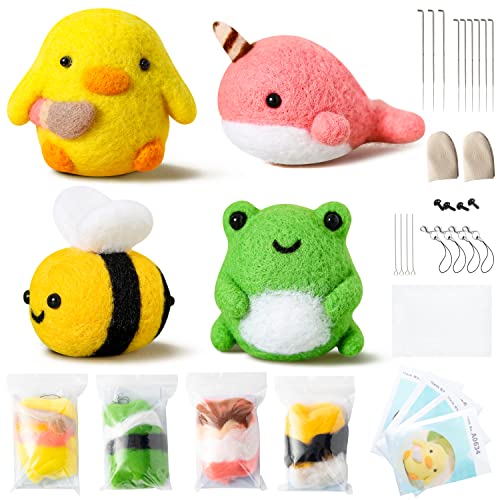 Watinc CA-WT-FELT-CUTE ANIMAL Set Of 4 Cute Animal Needle Felting Starter Kit Frog Chick Bee Narwhal Animal Doll Wool Felting Tools Felt Needles Foam Mat Diy Needlework Craft Party Supplies cover