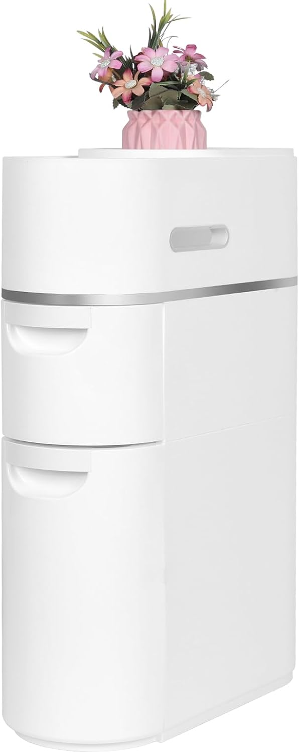 Slim Modern Floor Storage Cabinet with Wheels | Freestanding Large Capacity Cabinet for Bathroom & Home Accessories