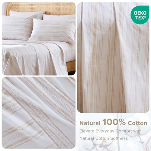 Comfort Spaces 100% Cotton Sheets Twin XL, Breathable, Naturally Cool Cotton Sheets, Cotton Bed Sheets with 12" Elastic Pocket Fits up to 14" Mattress, All Seasons Sheet Set, Good Vibes Taupe 3 Piece