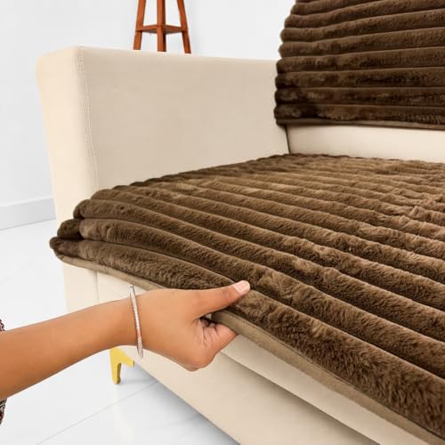 Image of Homerz Premium Rabbit Fur Sofa Cover with Anti-Skid Backing, Soft Plush Fabric Sofa Protector for Living Room Furniture (Brown, 2 Seater, Seat Cover with Backrest)