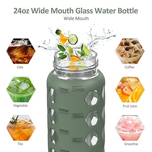 MUKOKO-24oz-Glass-Water-Bottle-with-2-Lids-Handle-Flip-LidBamboo-Straw-LidMotivational-Water-Tumbler-with-Time-Marker-Reminder-and-Silicone-Sleeve-Leakproof-Olive