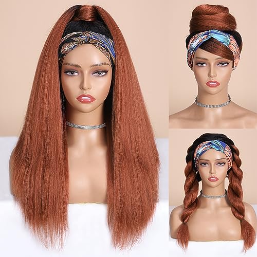 WIGNEE Kinky Straight Headband Wig for Women 22 Inches Yaki Straight Wigs with Black Headband Kinky Straight Wigs for Black Women (1B/350#, 22 Inch) 22 Inch #1B/350
