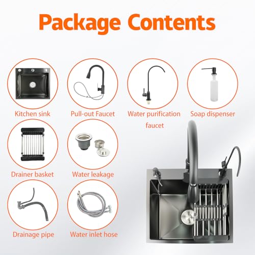 19.7x17.7in Topmount Single Bowl Workstation, Stainless Steel Kitchen Basin with Pull-Down Faucet, Drop-In Sink with Multiple Accessories, for Modern Kitchens, Farmhouse Workstation, Black