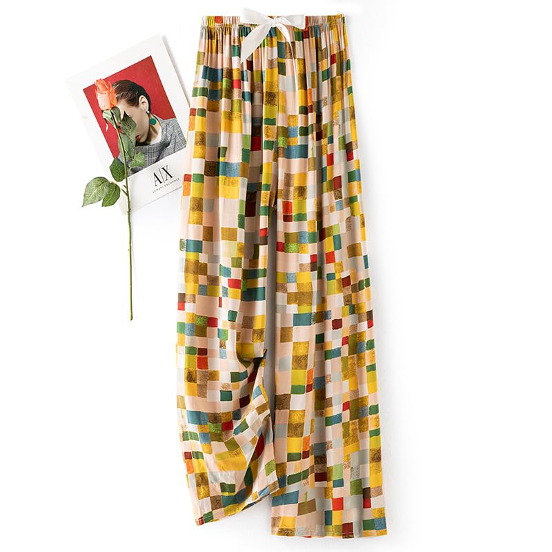 Women's Boho Printed Wide Leg Pants - High Waist Elastic Drawstring Flowy Casual Pants4