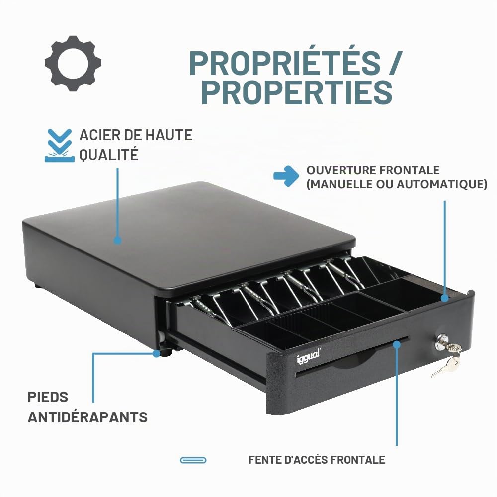 Iggual -Tiroir-Caisse IRON-10R - Caisse Enregistreuse Manuelle ou Automatique pour 4 Billets et 5 Pièces -Serrure à 3 Positions -Matériau Acier + Plastique - Usage Professionnel - Noir (38 x 33,5x9)