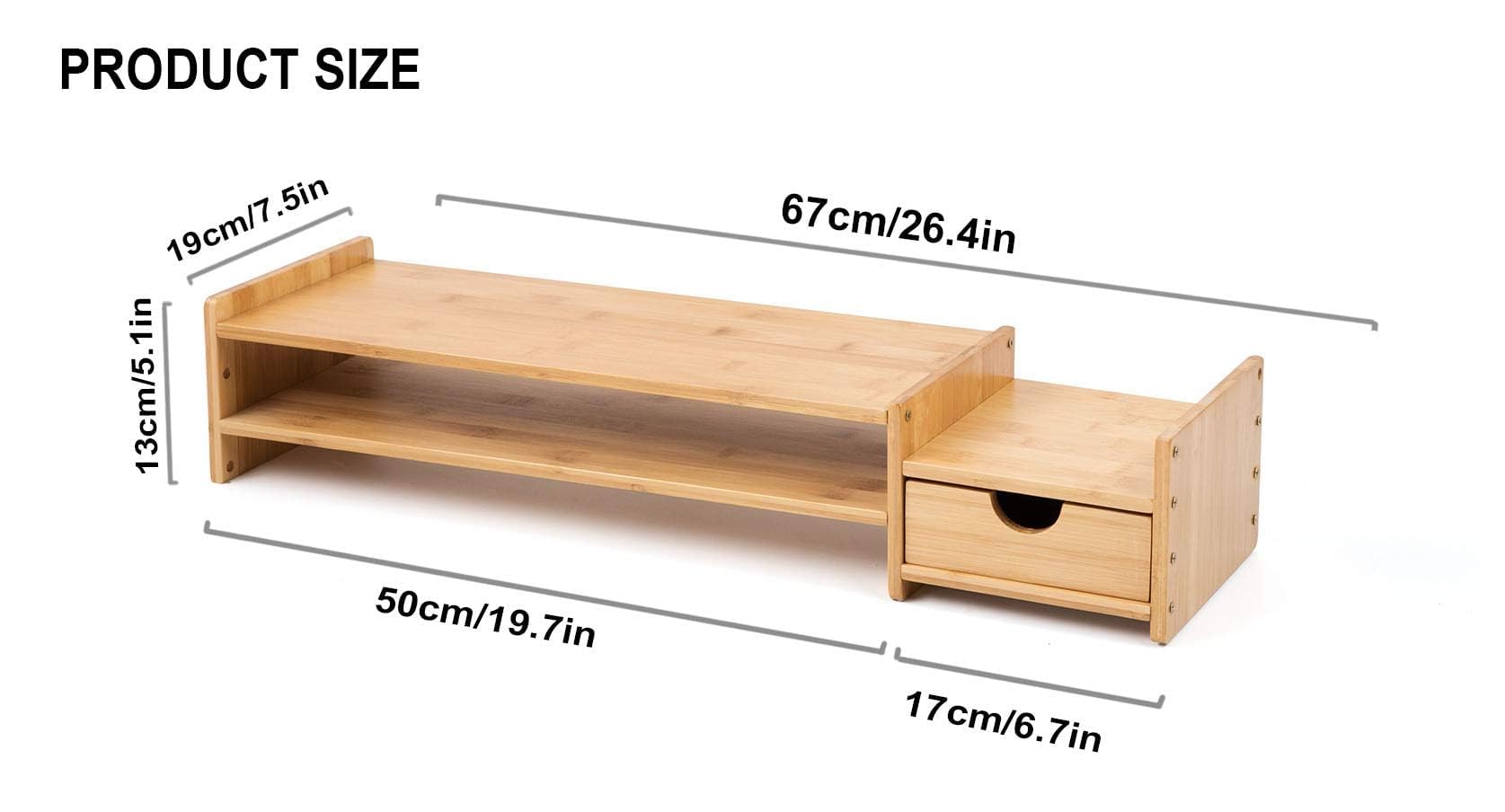 Supporto per monitor da scrivania in bambù con 2 ripiani e cassetti, organizer regolabile per computer, stampante, cellulare in ufficio, casa, riduce la tensione del collo e degli occhi (base)