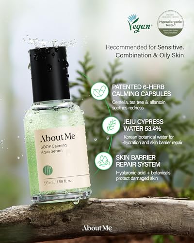 About Me SOOP Calming Aqua Serum - 53.4% Jeju Cypress Water Gel Serum with Bursting Capsules, Hydrating Face Serum for Sensitive Skin, Centella Cica & Tea Tree, Vegan Non-Sticky, 1.69 oz (50ml)