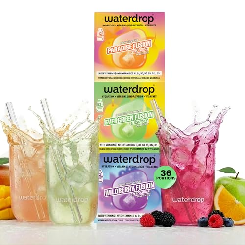 waterdrop® Coffret Fusion de Fruits Dégustation - 36 Pastilles d’Hydratation, Cubes de Boisson aux 3 Saveurs: Tropicale, Fruits Rouges & Pom’poire, Eau...