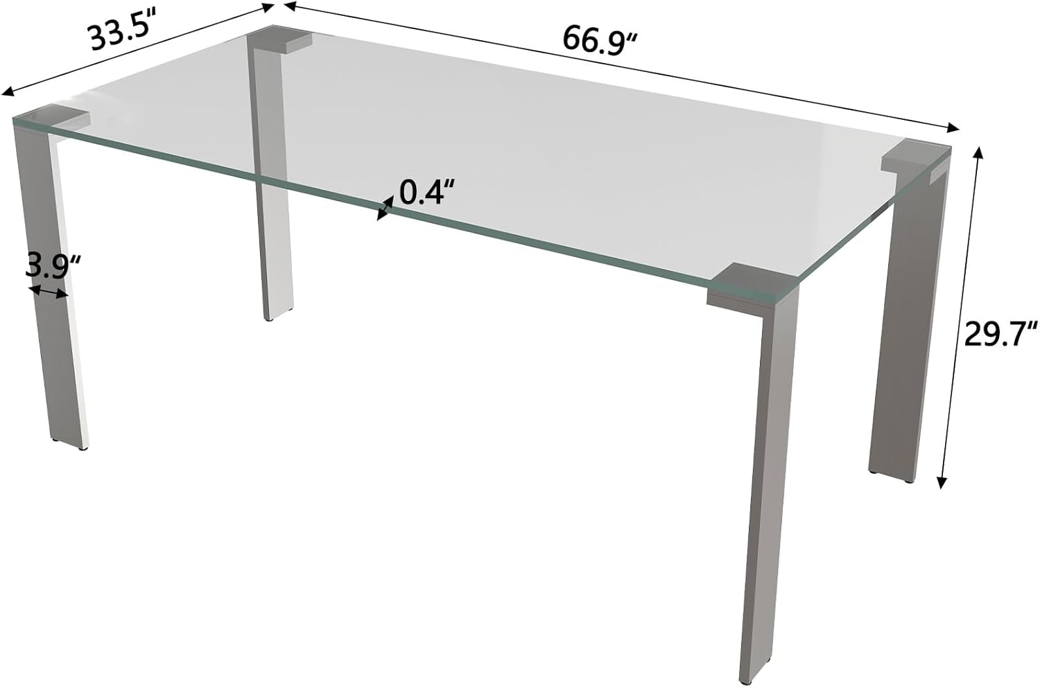 66.9" Modern Tempered Clear Glass Dining Table for 6–8 People, Rectangular Transparent Glass Top with Metal Legs, Minimalist Dining Room & Kitchen Table