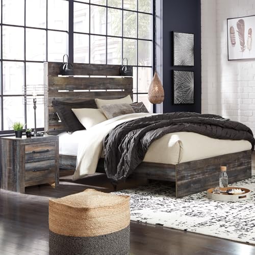 Image of Signature Design by Ashley Drystan King Panel Bed Frame with LED Sconce Lights, USB Power Ports, Engineered Wood and Decorative Laminate, Master Bedroom Setup, Dark Brown & Gray