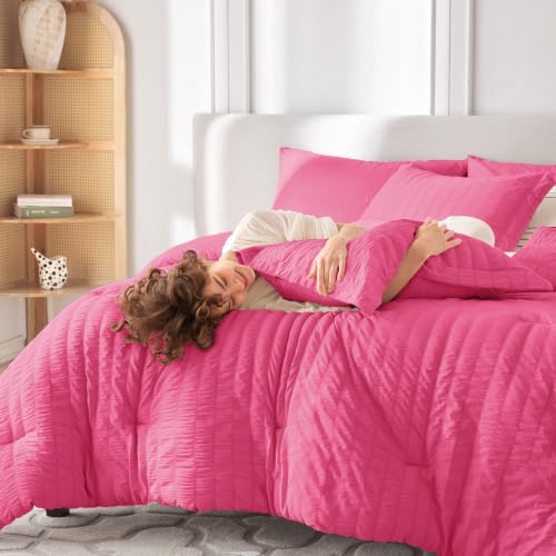 Image of MUXHOMO 7 Pieces Oversized Queen Comforter Set, Seersucker Bed in a Bag Oversized Queen Size, All Season Luxury Bedding Set with Comforter, Flat Sheet, Fitted Sheet, Pillowcases & Shams, Hot Pink